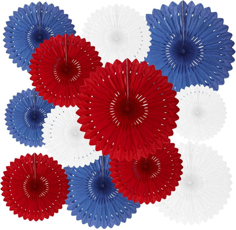 Photo 1 of 18 Pcs Red White Blue Hanging Paper Fan, Hanging Honeycomb Round Paper Fans for Weddings, Birthdays, Independence Day, Classroom, Events Ceiling Party Supplies Decorations