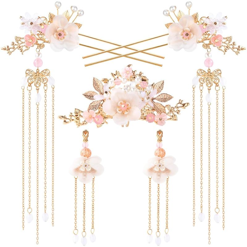Photo 1 of 5PCS Silk Flower Tassels Hairpin, Crystal Rhinestone Pearl Hair Clips Headpiece Retro Flower Chinese Hanfu Wedding Brides Hair Accessories Jewelry for Women Girls Updo Long Hair