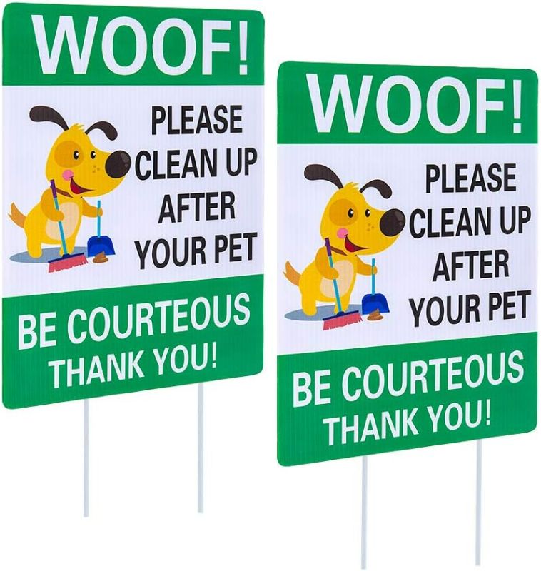 Photo 1 of WaaHome Pack of 2 Double Sided Woof Please Clean Up After Your Pet Yard Signs with Stakes, 8"X12" Funny No Poop Pee Dog Yard Sign Lawn Sign