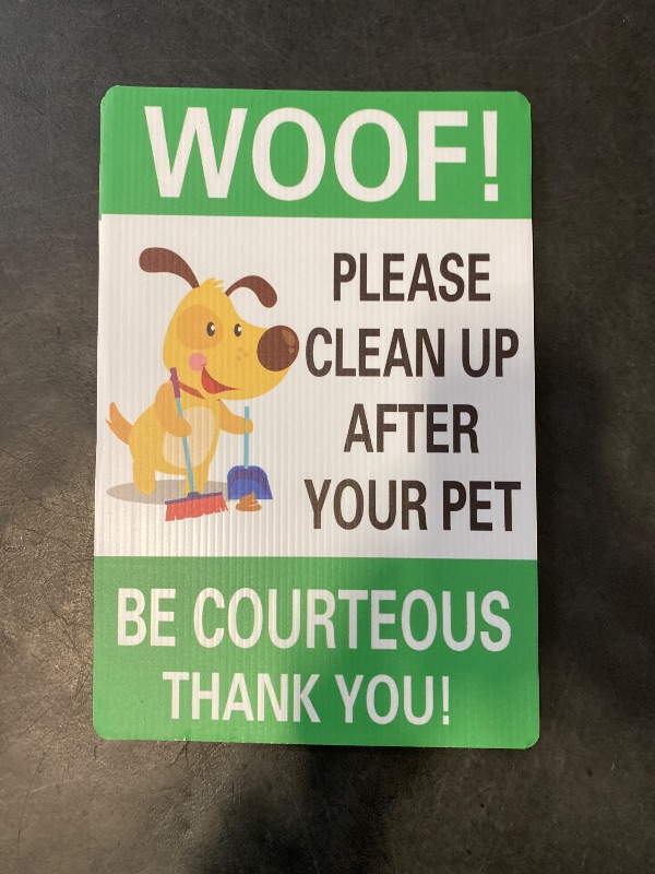 Photo 1 of WaaHome Pack of 2 Double Sided Woof Please Clean Up After Your Pet Yard Signs with Stakes, 8"X12" Funny No Poop Pee Dog Yard Sign Lawn Sign