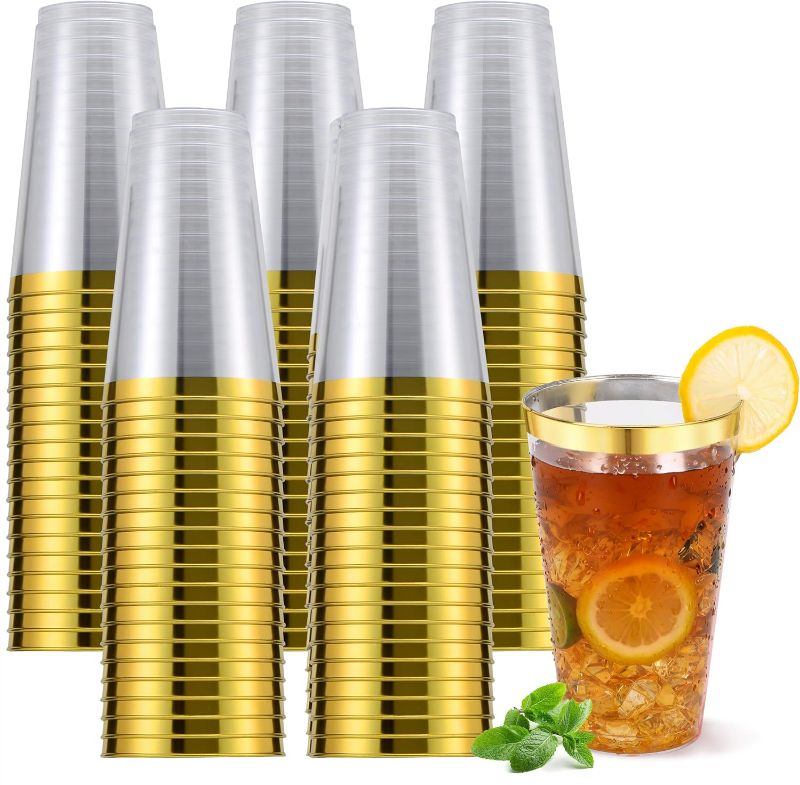 Photo 1 of YOUTHSHIP 100 Pcs 16 Oz Disposable Plastic Gold Rimmed Elegant Cups for Wedding, Birthday, Baby Shower Parties