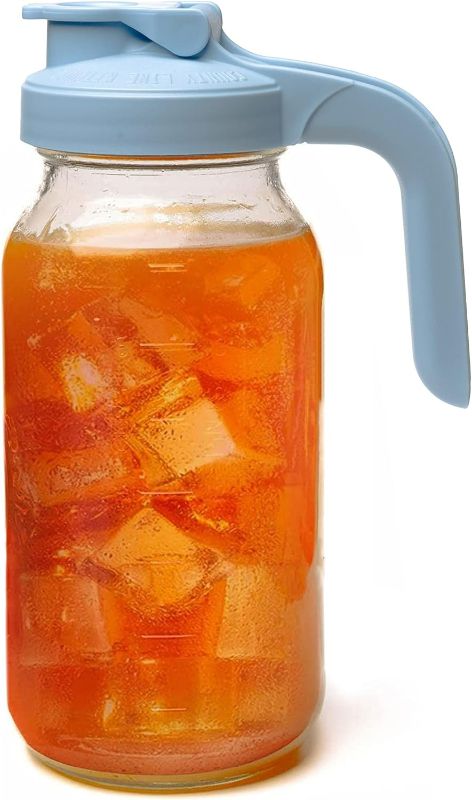 Photo 1 of County Line Kitchen Glass Mason Jar Pitcher with Lid - Wide Mouth, 2 Quart (64 oz) - Heavy Duty, Leak Proof - Sun & Iced Tea Pitcher, Cold Brew Coffee, Breast Milk Storage, Water - Sky Blue