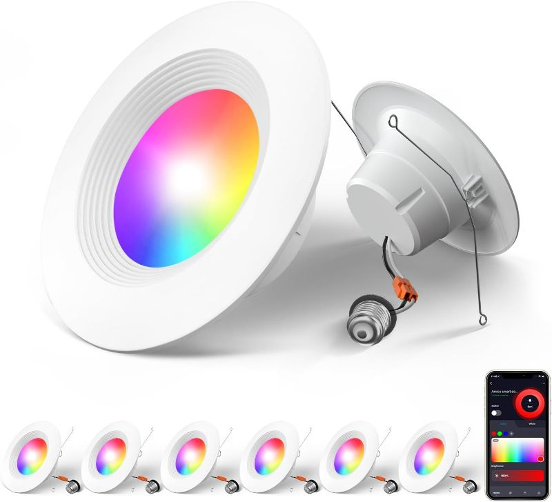 Photo 1 of Amico 6 Pack 5/6 Inch Smart WiFi LED Recessed Can Lights, RGBCW Color Changing Retrofit Recessed Lighting, Baffle Trim, APP Control, Dimmer Compatible, 12W=110W 1100LM, IC & ETL