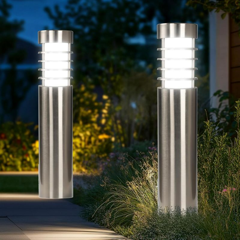Photo 1 of Dazzle Bright Solar Path Bollard Lights Outdoor, 2 Pack 27 Inch LED Solar Powered Stainless Steel Path Lights, Waterproof White Landscape Lighting for Patio Yard Garden Walkway Driveway Pathway Decor