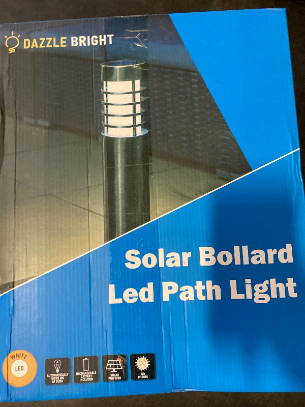 Photo 1 of Dazzle Bright Solar Path Bollard Lights Outdoor, 2 Pack 27 Inch LED Solar Powered Stainless Steel Path Lights, Waterproof White Landscape Lighting for Patio Yard Garden Walkway Driveway Pathway Decor