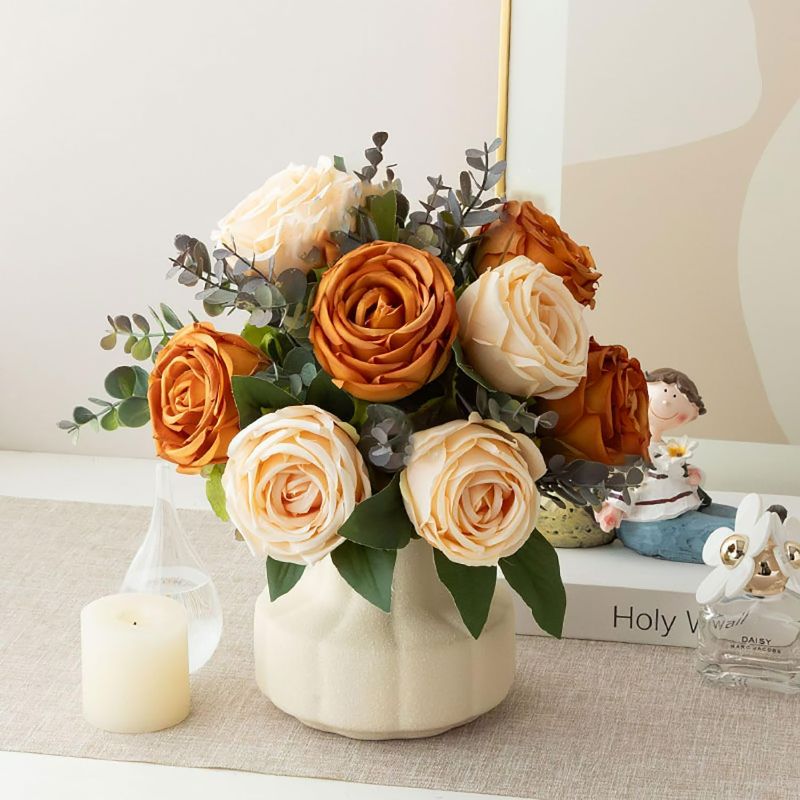Photo 1 of Silk Roses Artificial Flowers in Vase,Fake Flowers with Vase,Faux Flower Arrangement with Vase for Home Office Decoration, Dining Table Centerpiece