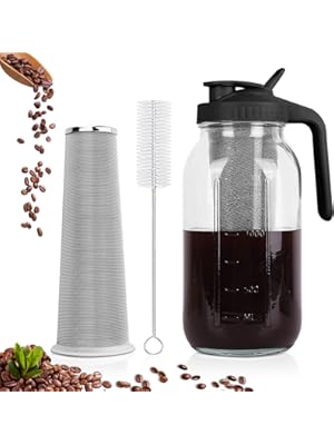 Photo 1 of Cold Brew Coffee Maker,64 oz Mason Jar Pitcher with Stainless Steel Filter, Pour Spout Handle Lid, Heavy Duty Glass Airtight & Leak-Proof Pitcher for iced coffee Tea Lemonade