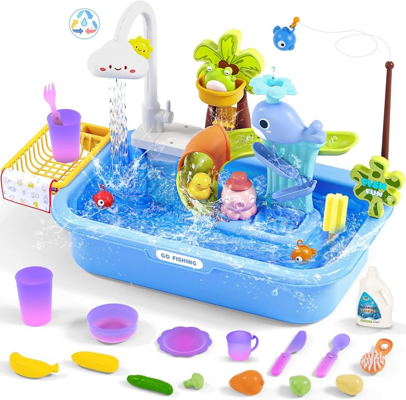 Photo 1 of Play Sink with Running Water, Color Changing Play Sink with Upgraded Electric Faucet & Pump, Water Table for Toddlers 1-3, Pretend Play Kitchen Sink & Summer Water Toys for Boys Girls, Blue