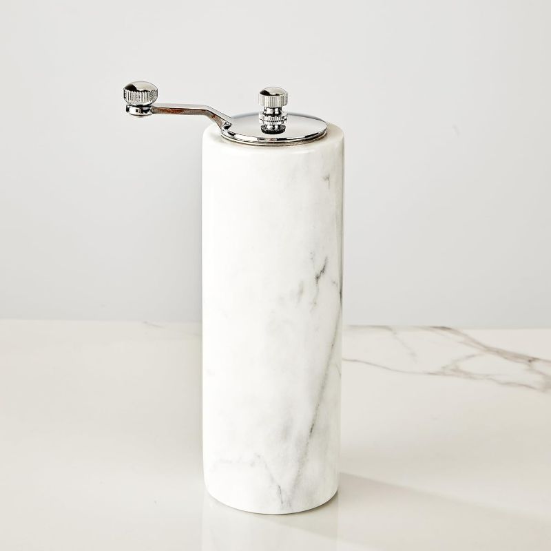 Photo 1 of Natural White Marble Pepper Grinder, Sturdy Cylindrical Grind Pepper with Grey Veining and Stainless Steel Mechanism, Multi-Purpose Marble Mill Grinder fo Kitchen or Dining Room (Pepper Miller)