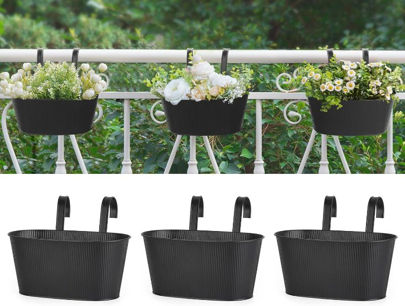 Photo 1 of Mkono Metal Railing Planter Box 3 Pack Balcony Hanging Planter for Outdoor Plants with Detachable Hooks and Drain Holes Fence Planters for Any Balcony, Porch or Deck (3, Small)