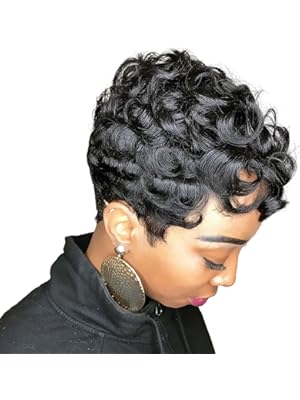 Photo 1 of Short Pixie Wigs for  Women Short Black Curly Pixie Wig Synthetic Short Hair Wig Natural Wavy Black Pixie Cut Wig (Natural Black)
