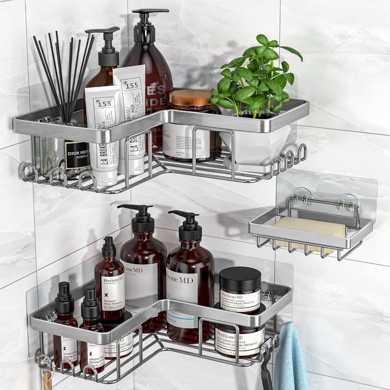 Photo 1 of YASONIC Corner Shower Caddy, 3-Pack Adhesive Bathroom Caddy with Soap Holder and 12 Hooks, Rustproof Stainless Steel Shower Organizer, No Drilling Wall Mounted Shower Rack, Brushed Silver