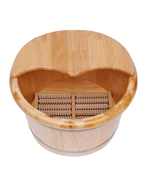 Photo 1 of 9.84in Tall Wood Foot Soaking Tub with Lid and Massage Roller, Pedicure Bowl for Feet, Portable Traditional Wood Foot Bath Basin for Massage Relaxing, Fatigue Relief