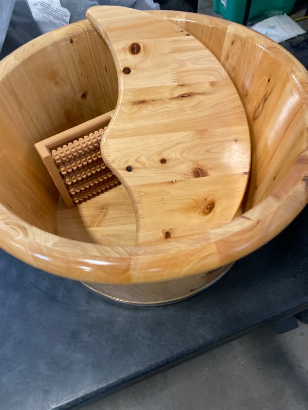 Photo 1 of 9.84in Tall Wood Foot Soaking Tub with Lid and Massage Roller, Pedicure Bowl for Feet, Portable Traditional Wood Foot Bath Basin for Massage Relaxing, Fatigue Relief