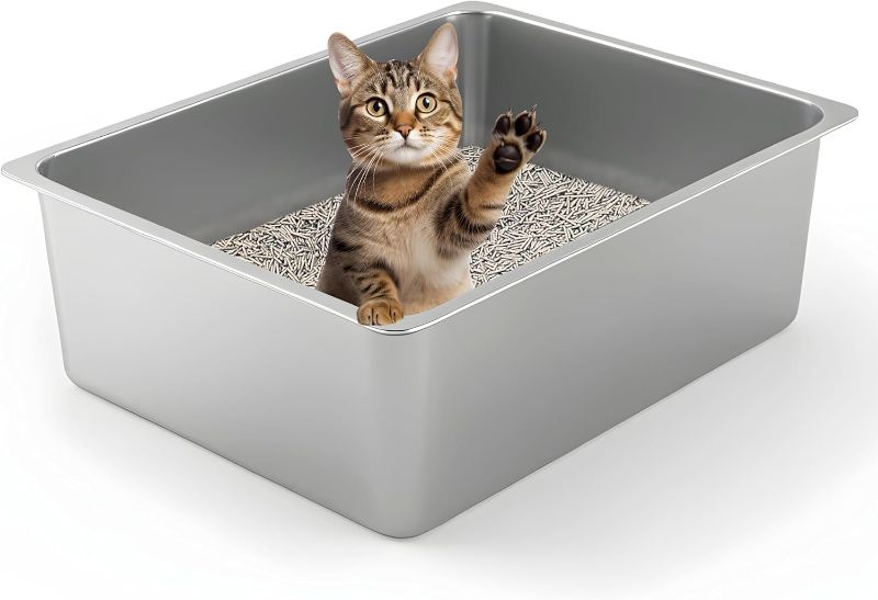 Photo 1 of Kirecoo Stainless Steel Cat Litter Box - Metal High Sided Cat Pan, Large Stainless Steel Box, Indoor Litter Tray, Non Stick, No Smell, Easy to Clean, Pet Toilet Supplies for Kitten, Kitty, Rabbit