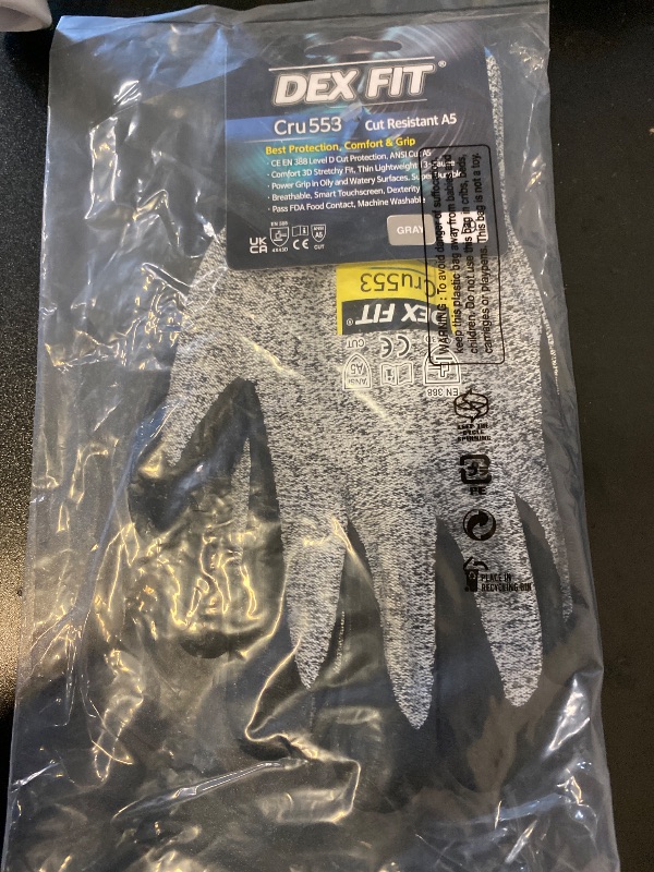 Photo 1 of DEX FIT Level 5 Cut Resistant Gloves Cru553, 3D-Comfort Fit, Firm Grip, Thin & Lightweight, Touch-Screen Compatible, Durable, Breathable & Cool, Machine Washable; Grey L (9) 1 Pair