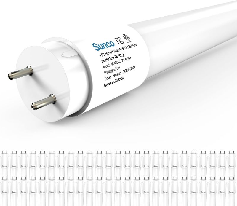 Photo 1 of Sunco 50 Pack T8 LED Bulbs 4 Foot, 48 Inch Tube Light Bulbs Fluorescent Replacement, Single or Double Ended Hybrid Type A+B, 2400 LM, 20W, 5000K Daylight, Frosted Lens ETL