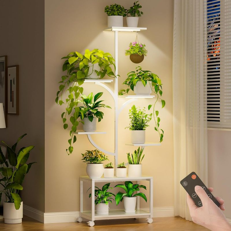 Photo 1 of Plant Stand Indoor with Grow Lights, 60" Tall 7-Tier Metal Plant Stand with Wheels & Tree-Shaped Design for Indoor Plants, Flower Holder Display Rack for Home, Patio - White