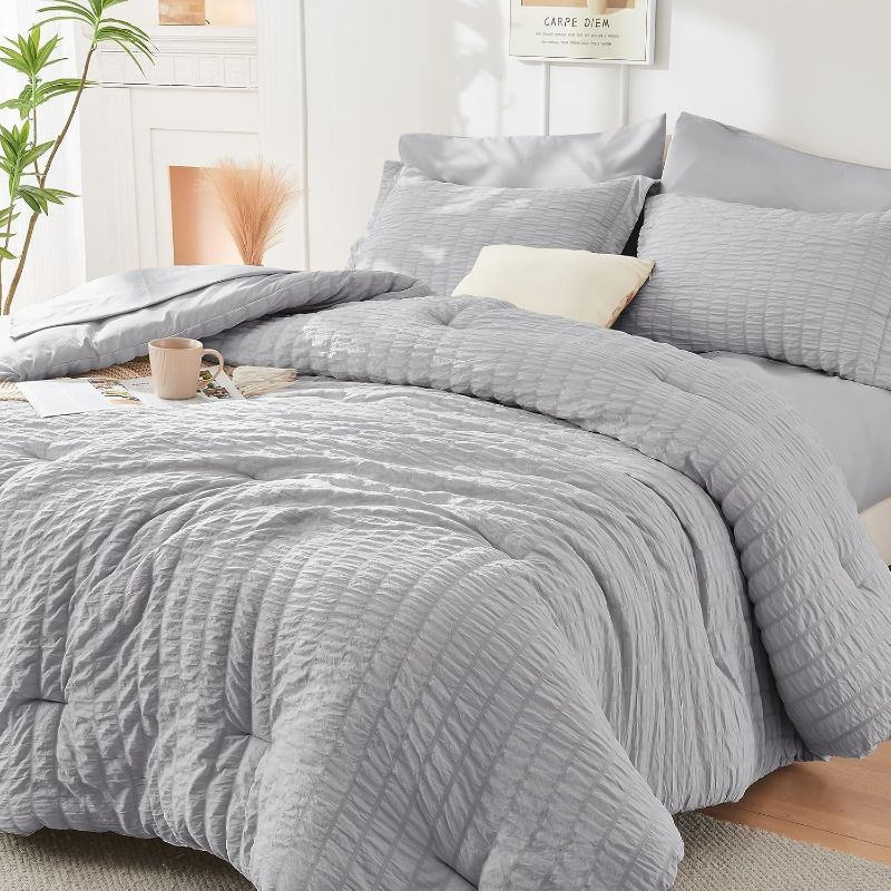 Photo 1 of HYMOKEGE Light Grey Queen Comforter Set Seersucker 7 Pieces, All Season Luxury Bed in a Bag for Bedroom, Bedding Set with Comforters, Sheets, Pillowcases & Shams