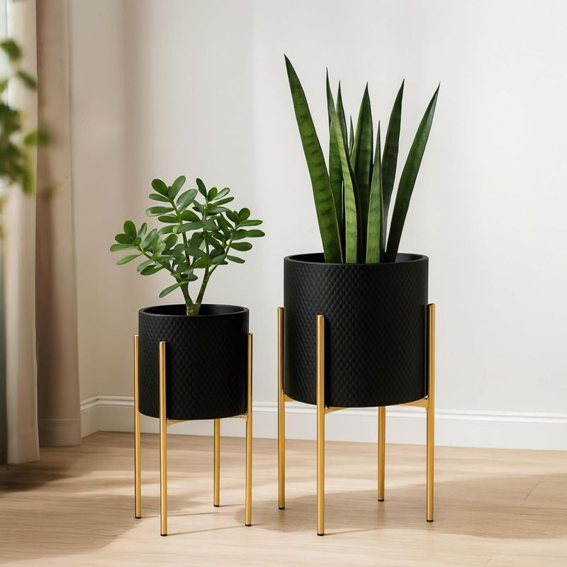 Photo 1 of Set of 2 Metal Decorative Planter Pot with Gold Stand – Outdoor & Indoor Plant Pot with Embossed Textured Finish – Modern Garden & Home Decor Iron Planters – 23" & 19", Black