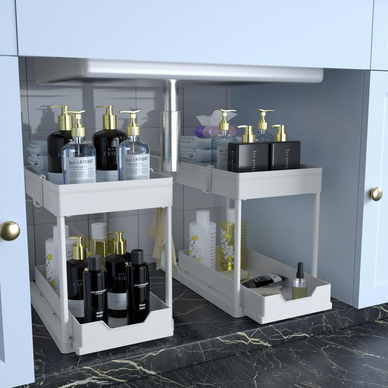 Photo 1 of Cabinet, 2 Pack Under Sink Organizer, 2 Tier Sliding Bathroom Kitchen Organizer, Large White ABS Baskets, Easy Install & Clean