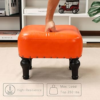 Photo 1 of Ottoman Leather Foot Rest with Thicker Foam Padded Seat, Footstool with Wooden Legs (Orange)