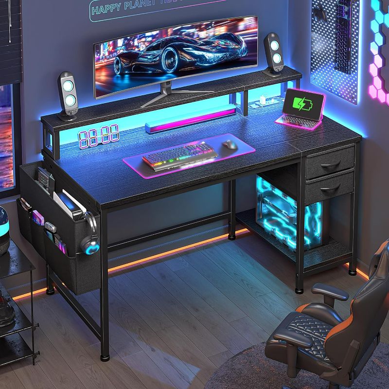 Photo 1 of 40" Gaming Desk with Drawers&Storage Bag, Computer Desk with Power Outlets and LED Lights, Office Desk with Monitor Stand for Bedroom Gaming Room, Study Work Home Office, Small Spaces, Black
