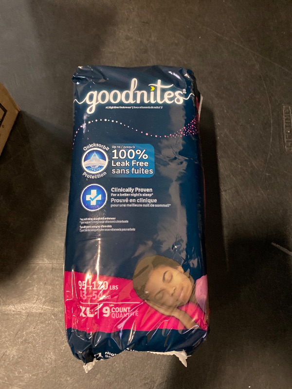 Photo 1 of Goodnites Girls' Nighttime Bedwetting Underwear, Size Extra Large (95-120 lbs), 9 Ct, Packaging May Vary