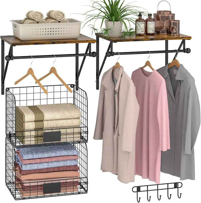 Photo 1 of Laundry Room Shelves Wall Mounted with Wire Baskets, Over the Washer and Dryer Shelf with Clothes Drying Rack, Wire Shelves Baskets for Laundry Closet Organization and Storage, Wood+Metal, Black
