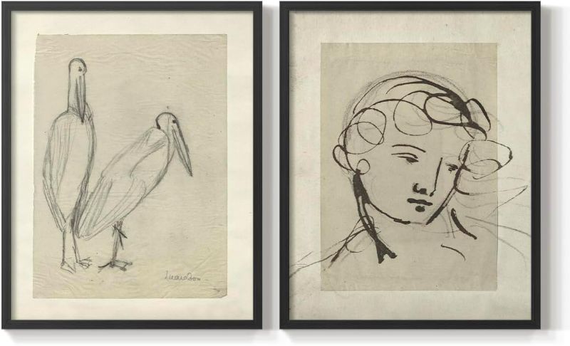 Photo 1 of Renditions Gallery Set of 2 Peel & Stick Framed Prints, Abstract Wall Art, Minimalist Stork & Woman’s Portrait Charcoal Wall Decor, Re-stickable - for Ready to Hang - 11"x14" - Black Frame