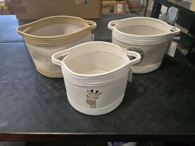 Photo 1 of RGI Home Decorative Storage Baskets with Safari Animal Prints – Set of 3 Round Fabric Rope and Linen Organizer Bins for Nursery or Playroom, Multi-Sized with Easy-Carry Handles, Ivory, Tan, and Linen