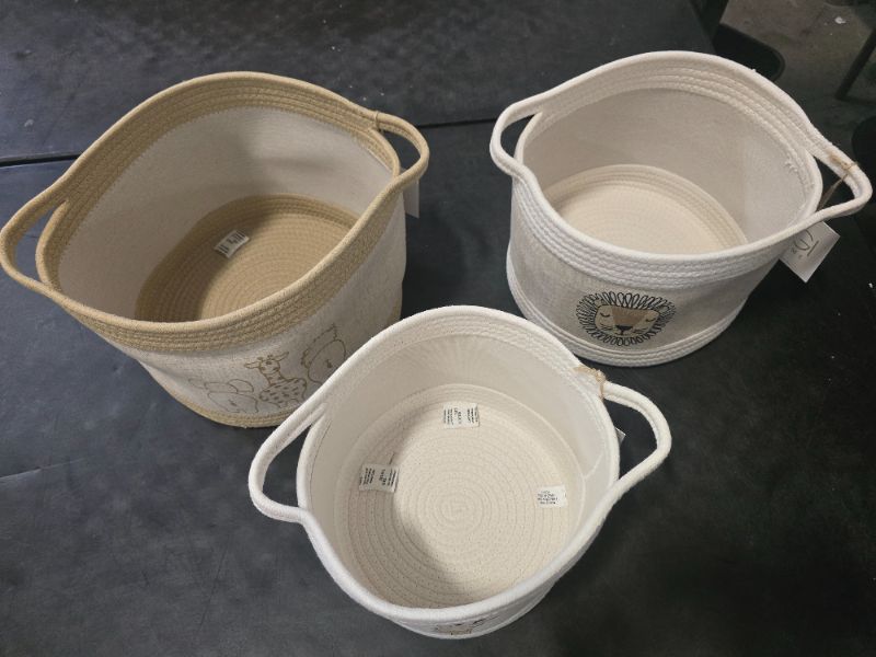 Photo 1 of RGI Home Decorative Storage Baskets with Safari Animal Prints – Set of 3 Round Fabric Rope and Linen Organizer Bins for Nursery or Playroom, Multi-Sized with Easy-Carry Handles, Ivory, Tan, and Linen