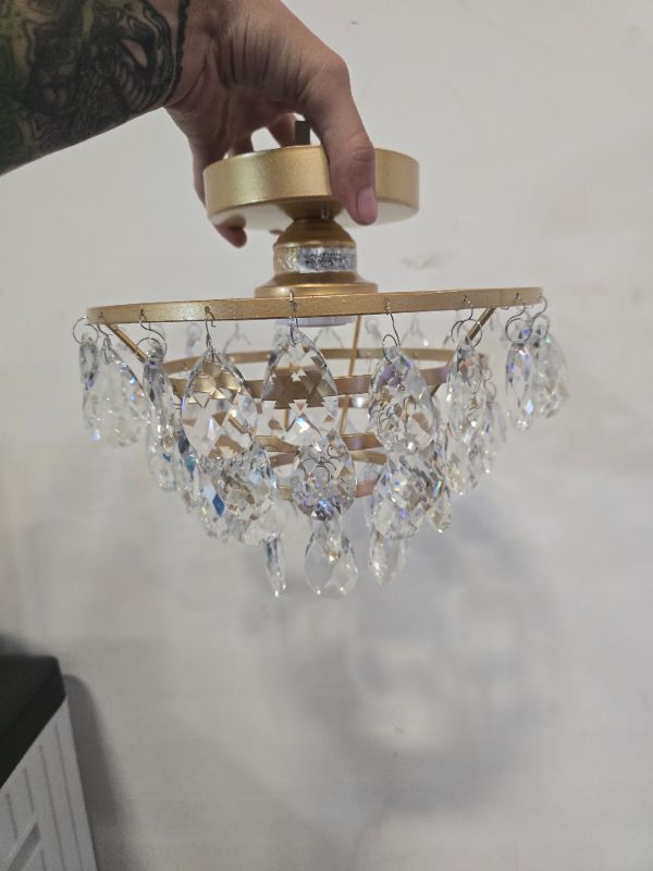 Photo 1 of WINGBO Small Crystal Chandelier Semi Flush Mount Ceiling Light Fixture Gold 
