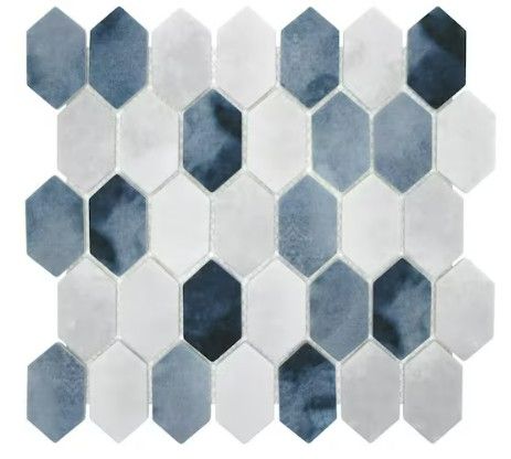 Photo 1 of Picket Blue Mix 10.7 in. x 10.1 in. Long Hexagon Recycled Glass Cement Looks Mosaic Floor and Wall Tile - 8 Slabs 