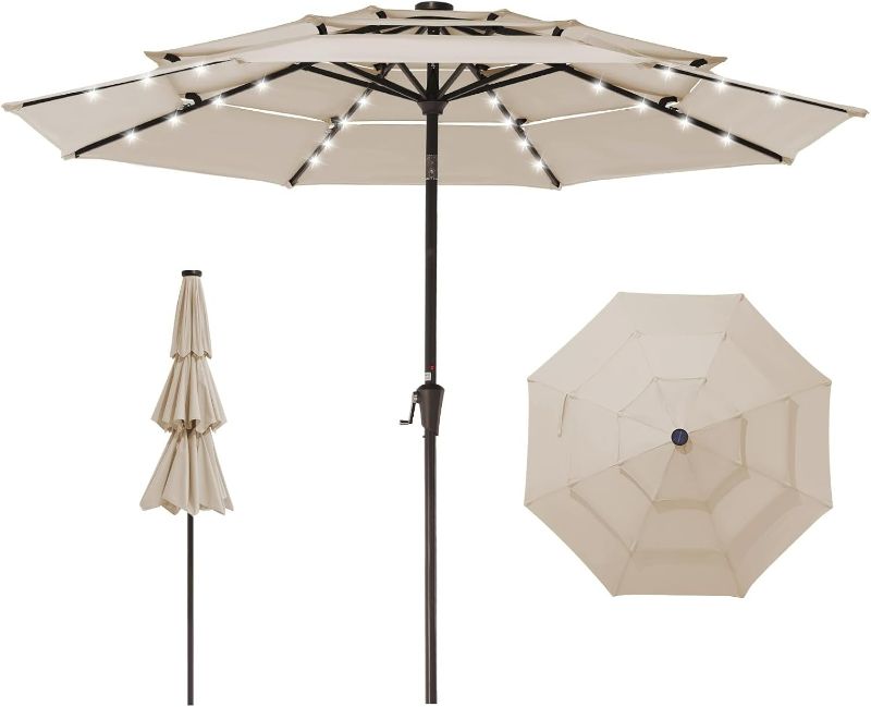 Photo 1 of 3 Tiers Patio Umbrella 9FT Outdoor Market Table Umbrellas with Push Button Tilt for Outside Garden Pool, Tan