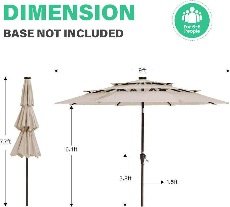 Photo 1 of 3 Tiers Patio Umbrella 9FT Outdoor Market Table Umbrellas with Push Button Tilt for Outside Garden Pool, Tan