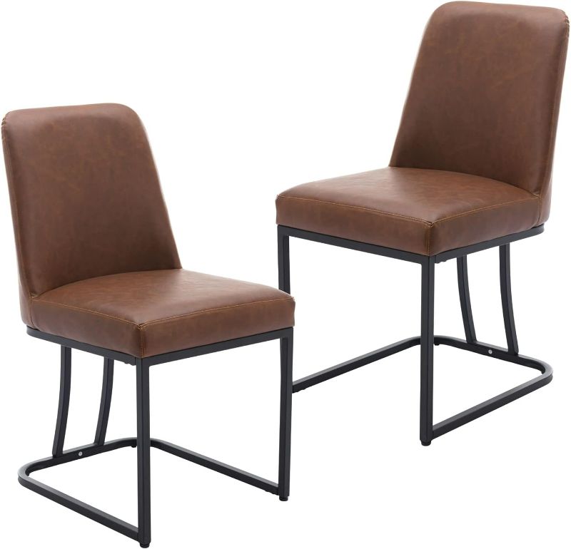 Photo 1 of Brown Dining Chairs Set of 2, Modern Square Upholstered PU Leather Dining Room Chairs, Armless Kitchen Chairs with Black Metal Legs