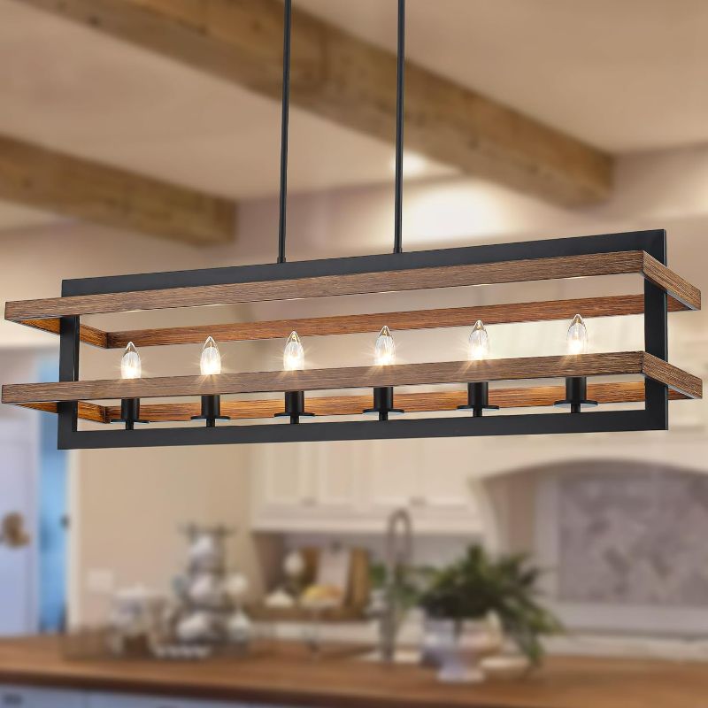 Photo 1 of Farmhouse Dining Room Light Fixtures Rectangle Chandeliers Kitchen Island Lighting Vintage Pendant Lights Fixture 6-Lights Wood Grain Iron Chandelier for Dining Room Living Room Kitchen