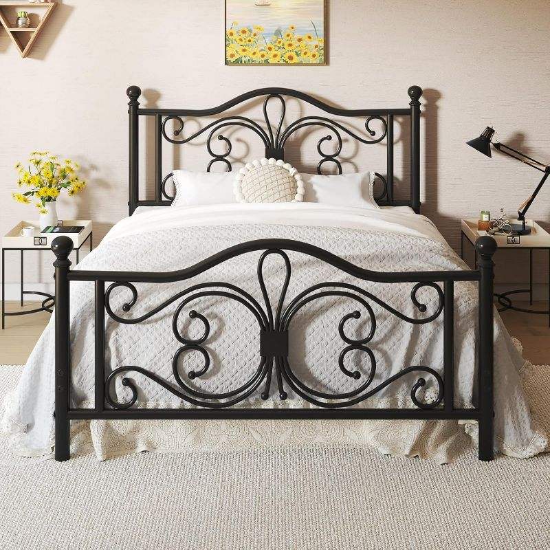 Photo 1 of Queen Size Bed Frame/Metal Platform Bed Frame with Butterfly Pattern Design Headboard and Footboard/Strong Metal Slats Support/No Box Spring Needed/Easy Assembly/Noise-Free/Black