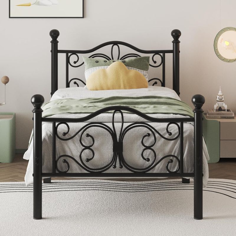Photo 1 of Twin Size Bed Frame/Metal Platform Bed Frame with Butterfly Pattern Design Headboard and Footboard/Strong Metal Slats Support/No Box Spring Needed/Easy Assembly/Noise-Free/Black