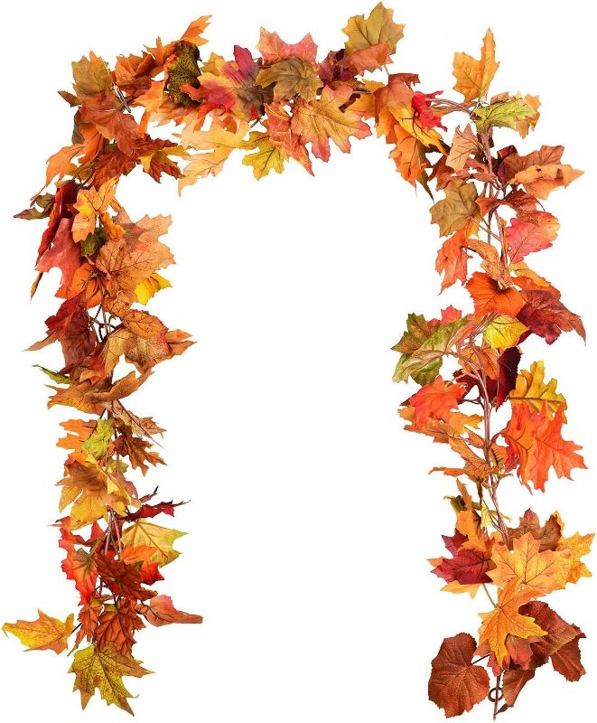 Photo 1 of DearHouse 2 Pack Fall Garland Maple Leaf, 5.9Ft/Piece Hanging Vine Garland Artificial Autumn Foliage Garland Thanksgiving Decor for Home Wedding Fireplace Party Christmas (Orange)