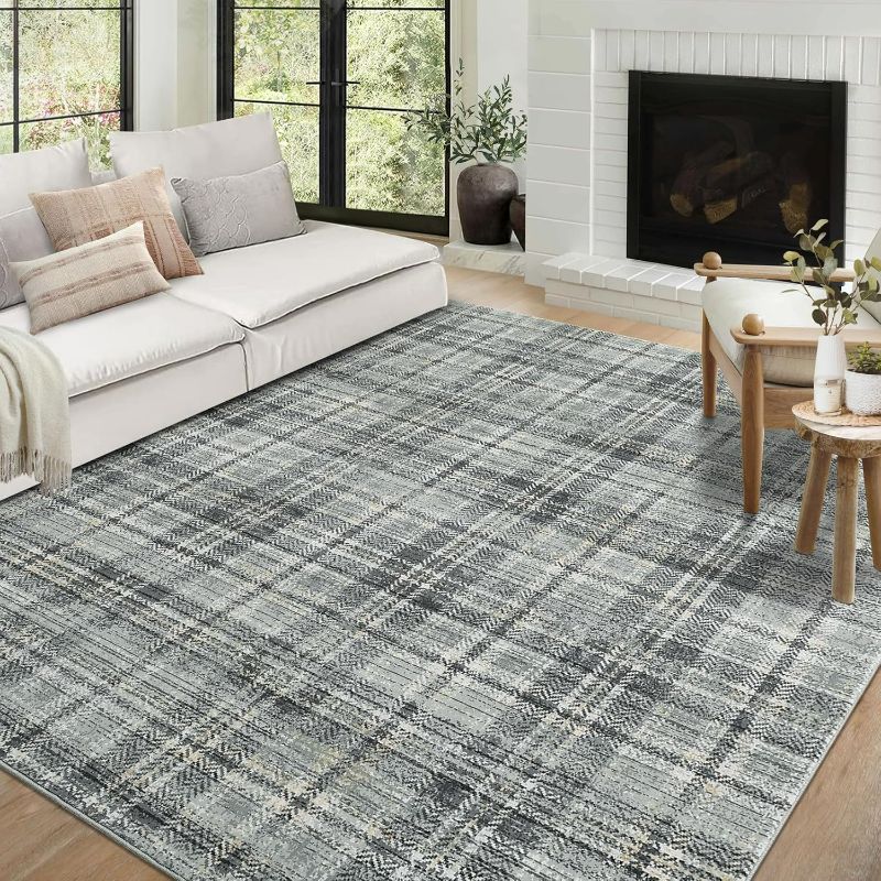 Photo 1 of Washable 9x12 Rug Modern Plaid Soft Grey 9'x12' for Living Room, Bedroom, Dining Room, Nursery