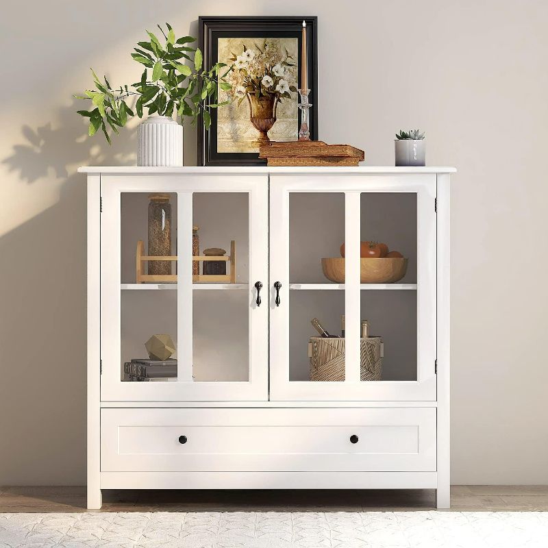 Photo 1 of Sideboard Cabinet with Glass Doors - Buffet Storage Cabinets with Drawer, 40" 2 Doors Floor Cabinet, Wooden Modern Credenza for Living Room, Bathroom, Dining Room, Kitchen (White)