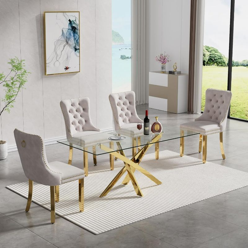 Photo 1 of Glass Dining Table Set for 4,Rectangle Dinner Table with Chrome Stainless Steel Legs,51in Kitchen Room Dining Set,0.39'' Tempered Glass Table Top with 4 Velvet Kitchen Chairs