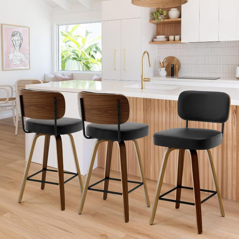 Photo 1 of Swivel Counter Height Bar Stools Set of 3, 26" Upholstered Faux Leather Barstools with Back and Bent Wood Legs, Mid Century Modern Bar Chair Island Stool for Kitchen Counter, Black