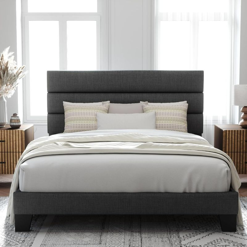 Photo 1 of Queen Size Platform Bed Frame with Fabric Upholstered Headboard and Wooden Slats Support, Fully Upholstered Mattress Foundation/No Box Spring Needed/Easy Assembly, Dark Grey