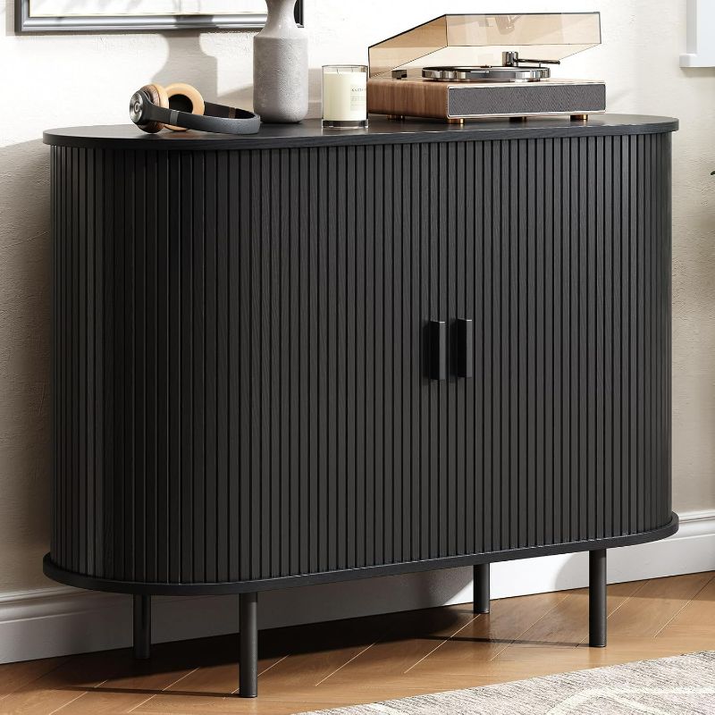 Photo 1 of Buffet Cabinet with Storage, 40" Fluted Sideboard Buffet with Sliding Door, Coffee Bar Cabinet with Adjustable Shelf, Console Table, Accent Table for Entryway, Kitchen, Dining Room, Black