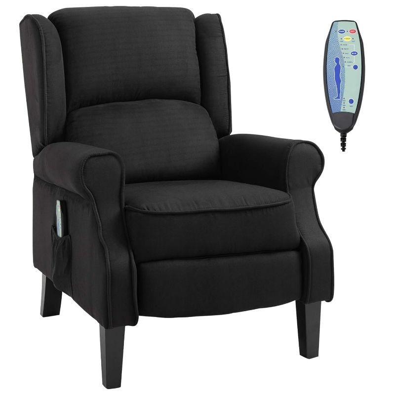 Photo 1 of Vibration Massage Recliner Chair for Living Room with Heat, Wingback Single Sofa, Modern Suede Fabric Push Back Reclining Chair with Footrest, Side Pocket, Black