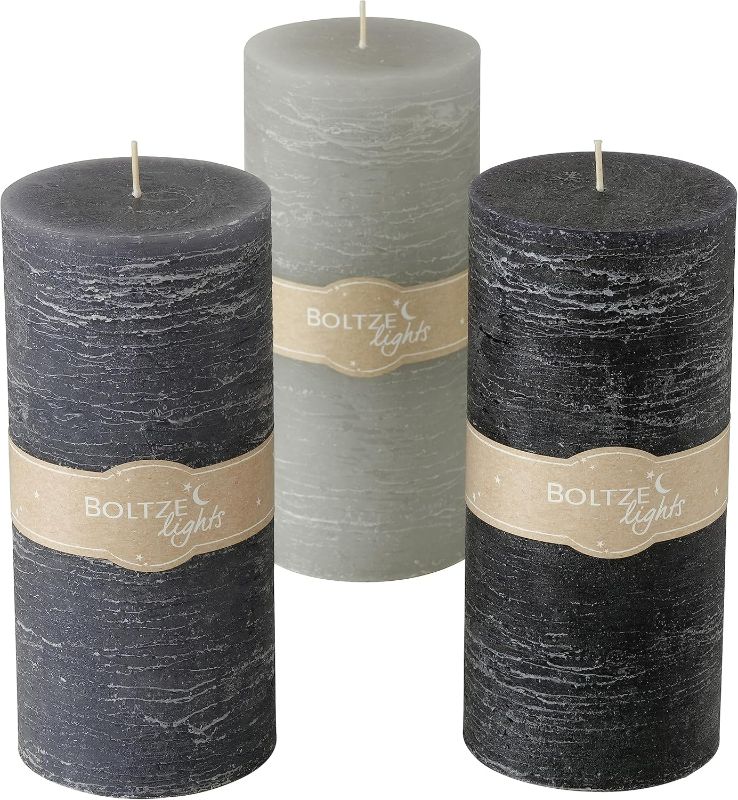 Photo 1 of 3 Piece Pillar Candle Set, Paraffin Wax, 145 Hours Burn Time, Cotton Wick, Shades of Marbled Pale, Medium and Dark Grey, Cotton Wicks, 7.75 Inches