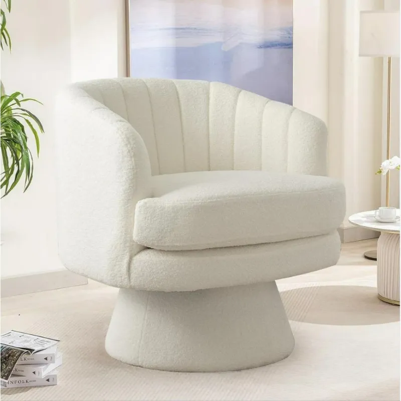 Photo 1 of Beige Lamb Wool Fabric Upholstered 360 Degree Round Barrel Chairs Fashion Solid Color Swivel Chair For Living Room Bedroom